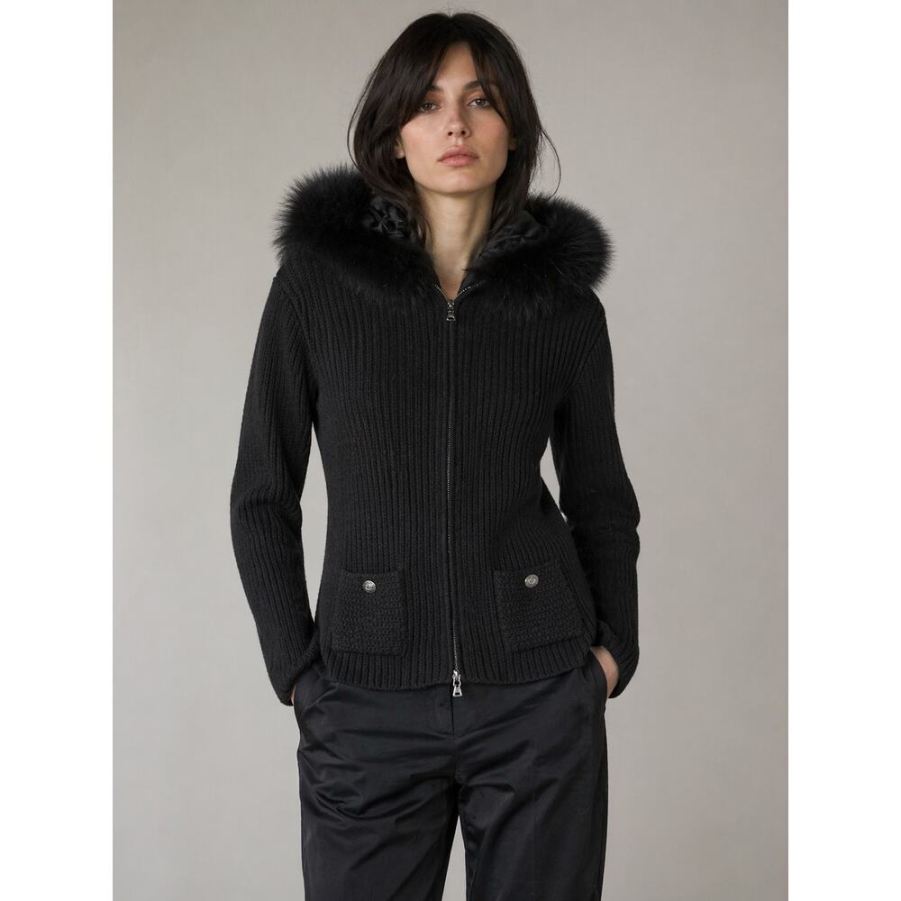 Prada Black Wool Ribbed Zip Jacket w/ Blue Fox Fur Hood IT 38